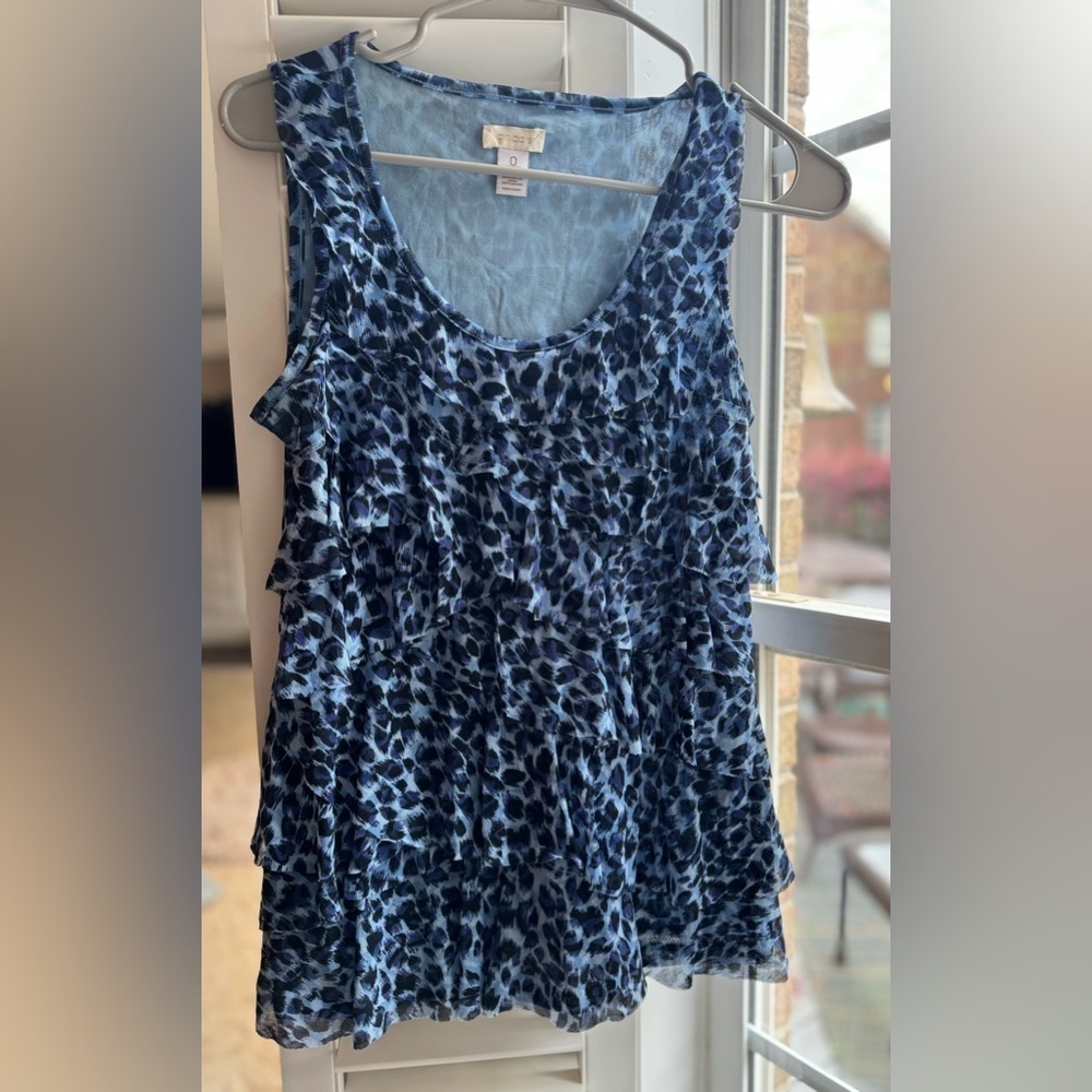 NWOT Blue Animal Print‎ Layered Ruffle Chico's Sleeveless Top Size Small